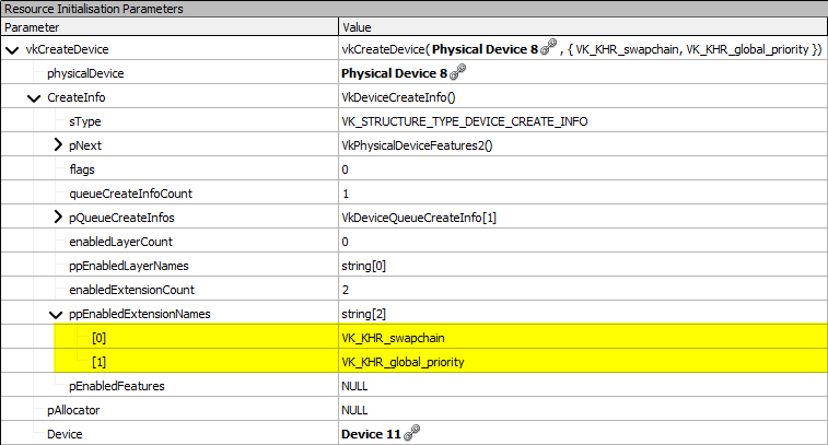 RenderDoc device extensions