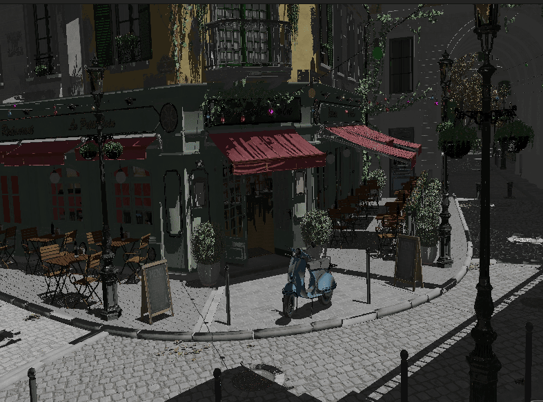 The Bistro scene - a detailed outdoor café environment demonstrating the engine’s rendering capabilities